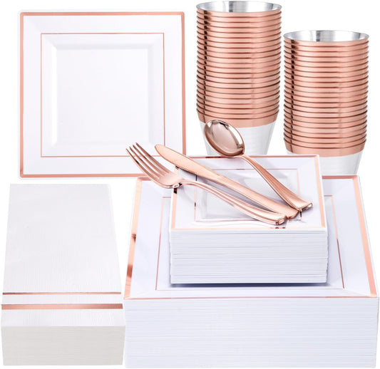 Festiva 350Pcs Rose Gold Plates and Napkins Party Supplies-Square White and Rose Gold Disposable Dinnerware include Plates Cups Cutlery Napkins for 50 Guests Wedding &Party&Mother's Day