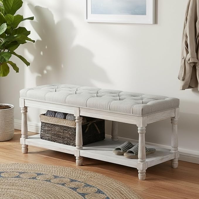 Farmhouse Storage Bench Wooden Entryway Upholstered Tufted Ottoman Bench - Image 5