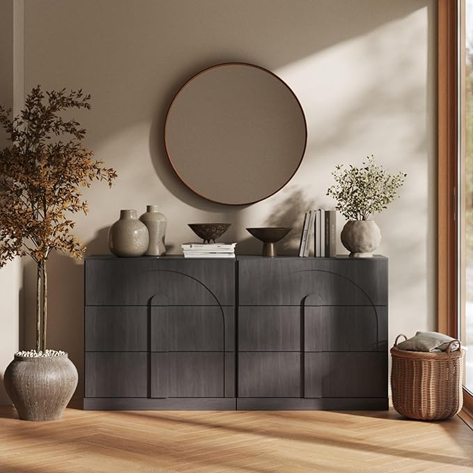 BELLEZE Sideboard Cabinet with 3 Drawers, Large Fluted Sideboard with Storage by BELLEZE