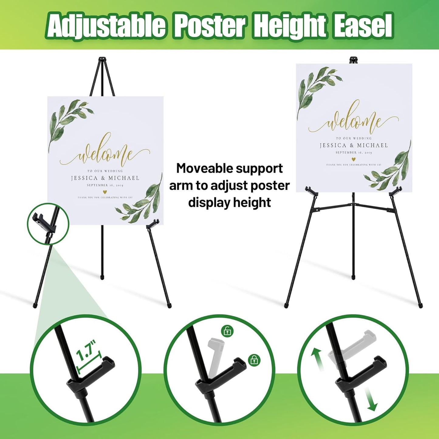 2Pcs Easel Stand for Sign - 63" Display Easel for Wedding Sign Stand Poster Stand, Lightweight Poster Easel for Painting, Folding Portable Easel Stand with Carrying Bag, Black