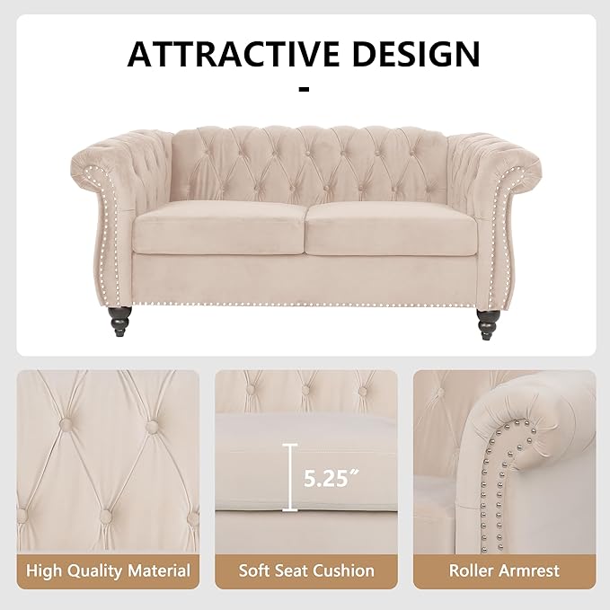 Chesterfield Loveseat Sofa, Modern Velvet Small Sofa Couch 2 Seater - Image 6
