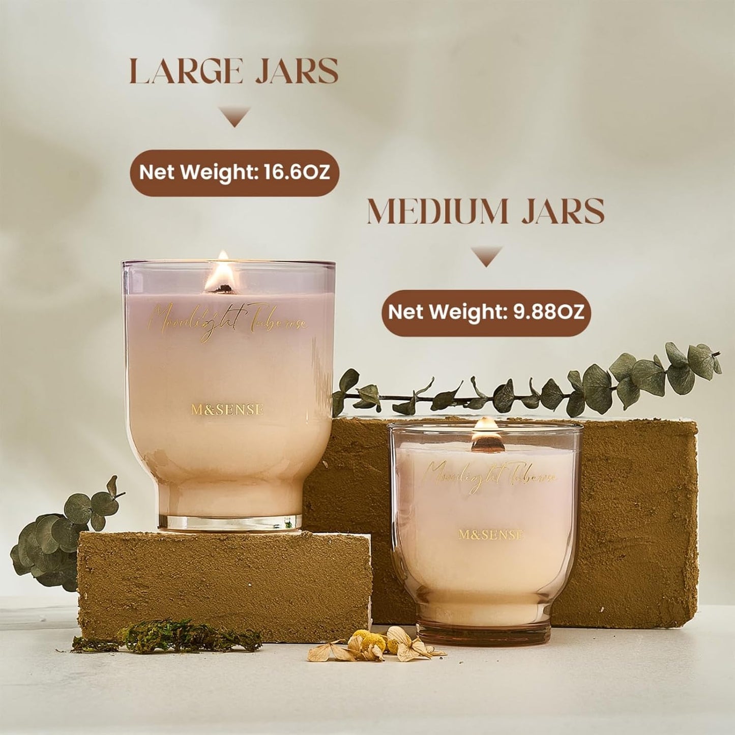 M&SENSE 9.88oz Natural Soy Wax Jar Candle with Wooden Wick | Moonlight Tuberose Scent | 55-Hour Burn & Long-Lasting Burn | Housewarming Gift for Men and Women