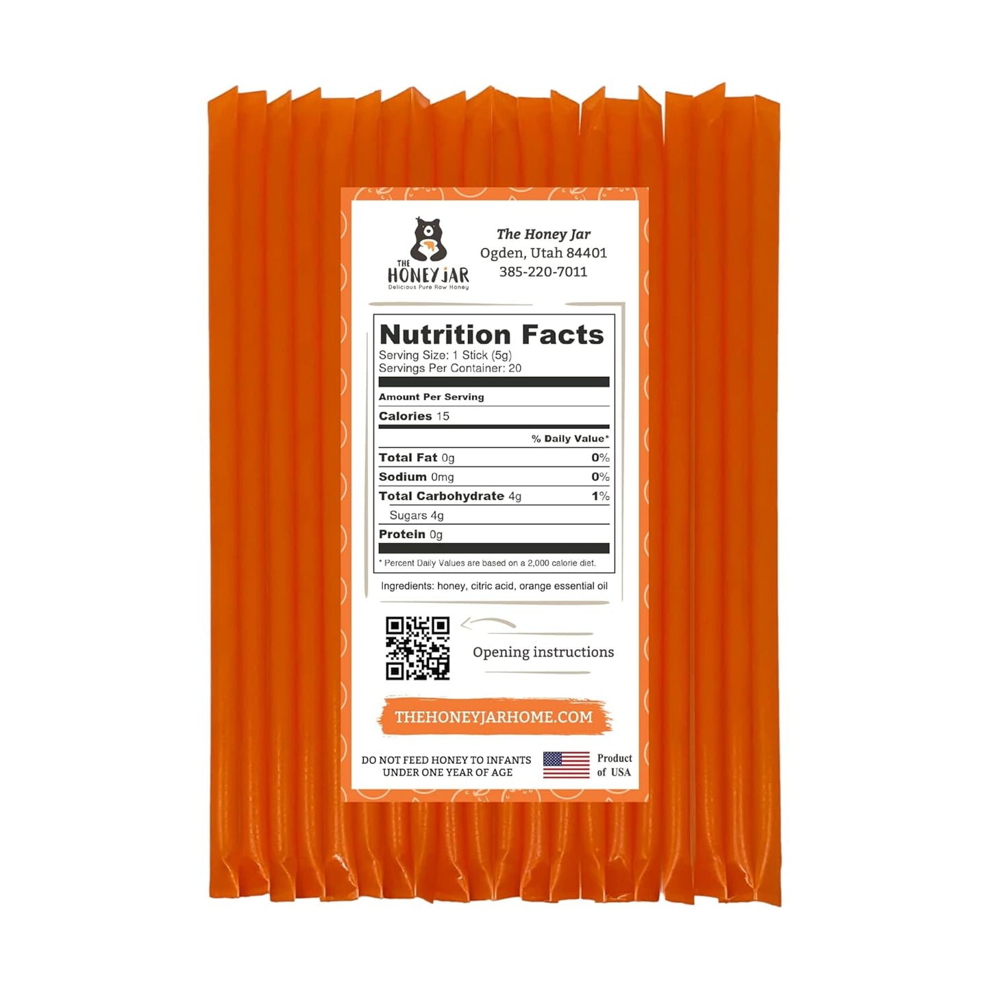 The Honey Jar Orange Flavored Honey Sticks - Pure Honey Straws For Tea, Coffee, or a Healthy Treat - One Teaspoon of Flavored Honey Per Stick - Made In The USA with Real Honey - (20 Count)