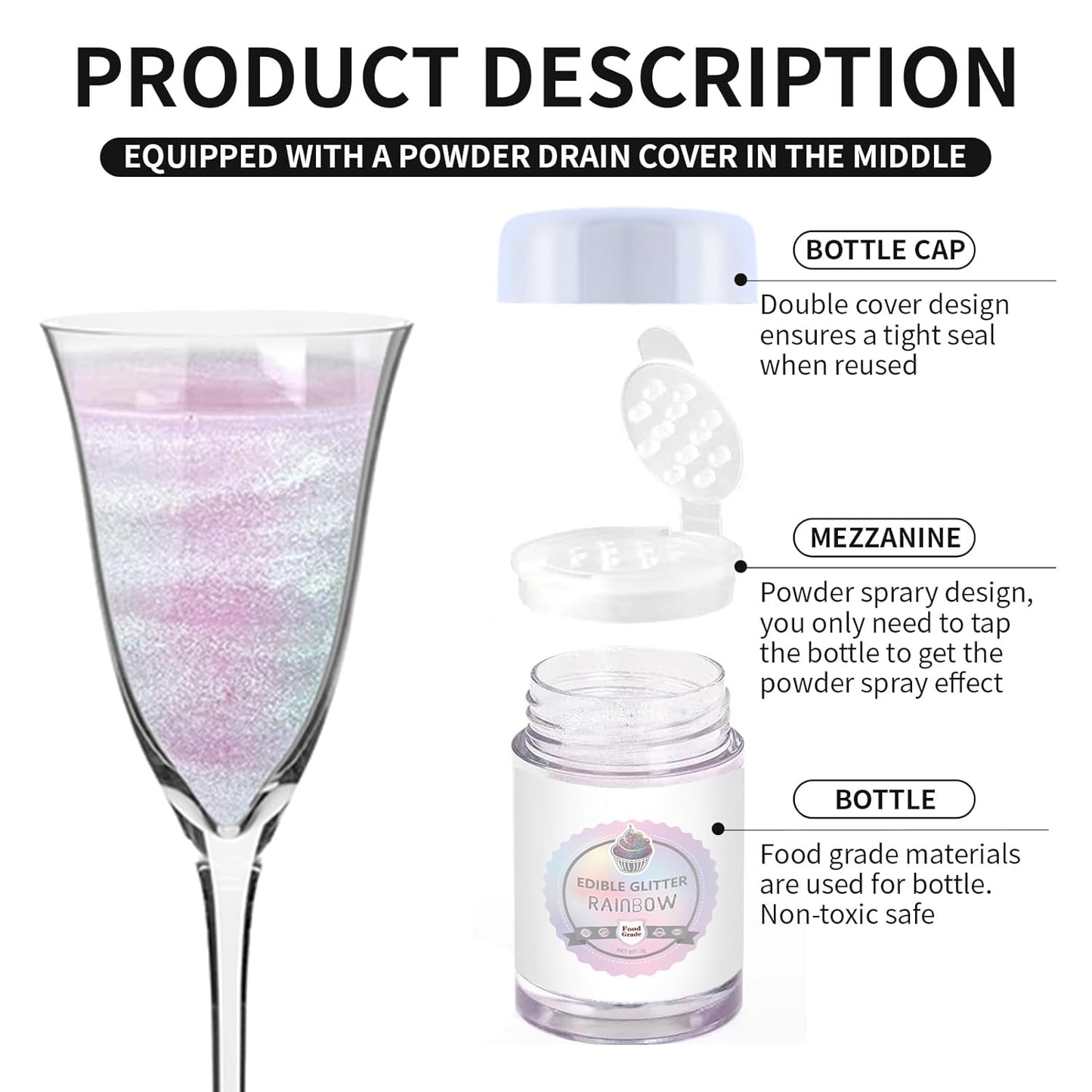 Edible Luster Dust 8 Colors Set - Edible Glitter for Cocktails, Rainbow Food Grade Powder Glitter for Drinks, Chocolate, Cake Decorating | Vegan, Sugar-Free, Gluten-Free -3g