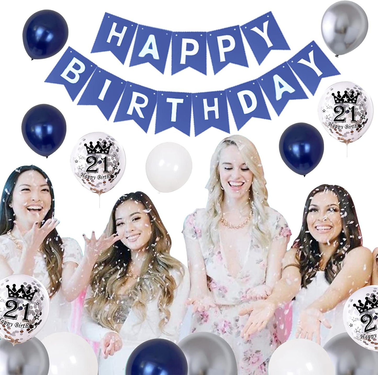 21st Birthday Decorations for Men - Happy Birthday Banner, Foil Number 21 Balloons, Silver Navy Blue Theme Party Supplies