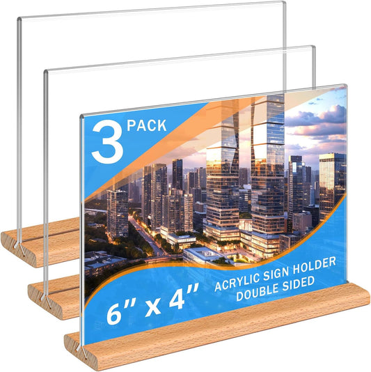 Kersally Acrylic Sign Holder 6 x 4, 3 Pack Double-Sided Clear Table Display Stands with Wood Base,Horizontal Acrylic Frame Menu Flyer Paper Holder for Store, Restaurant, Hotel, Office, Show Fair