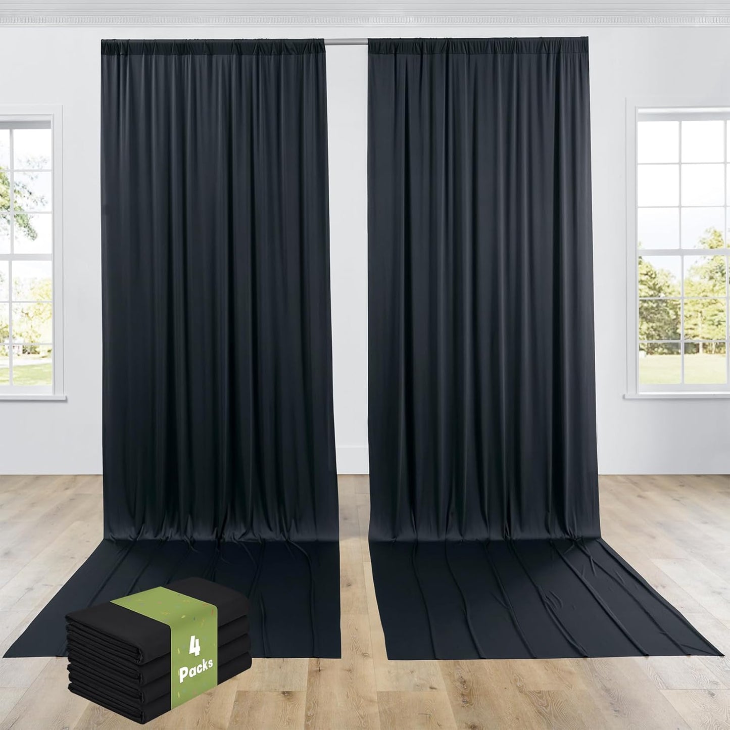 PartyVillage 20ft×15ft Black Backdrop Curtain for Halloween Parties, 4 Panels Wrinkle Free 15 FT Long Polyester Photo Backdrop Drapes Back Drop Cloth for Birthday Photography Background