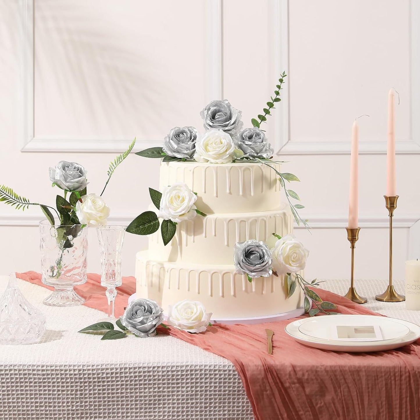 Tifuly Silver Roses Artificial Flowers -12Pcs Realistic Single Long Stem Fake Silk Roses Bouquet for Party Home Wedding Centerpiece Hotel Office Decor