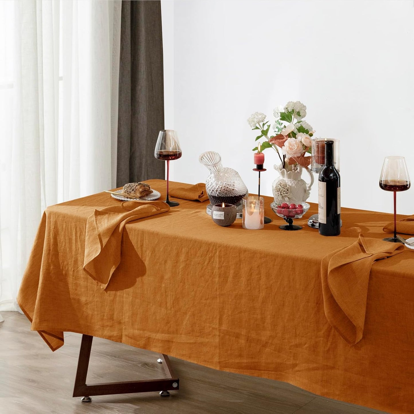 Talasily Linen Tablecloth 100% Pure Linen Table Cloth 60x120 Inches Rectangle Tablecloths Washable Cloths for Kitchen, Dining, Buffet Parties, Holidays, Picnic, Weddings and Restaurants-Caramel