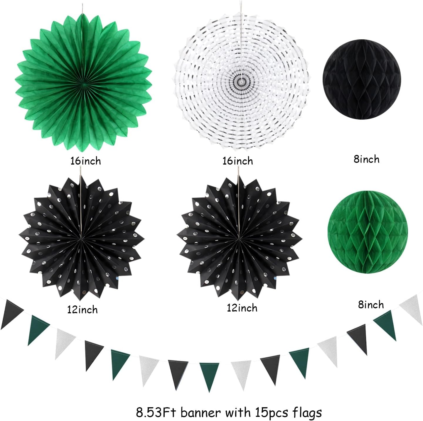 Black Green Silver Football Party-Decorations - 20pcs Soccer Theme Graduation Paper Lanterns Fans,Tissue Pom Poms,Honeycomb Balls,Men Boys Birthday Sports Spring Jungle Baby Shower Decor Burgleda