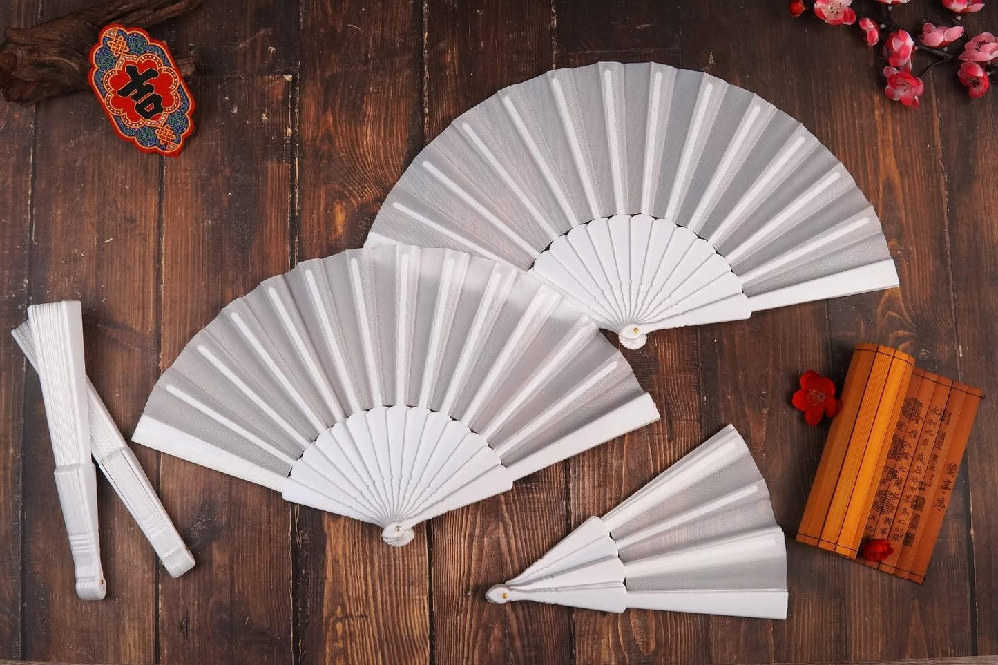 HUNANBANG Product Image 4 Pieces Folding Hand Fans Church Wedding Gift, Party Favors, DIY Decoration Gift Size9 Wholesale (Wht 4pack)