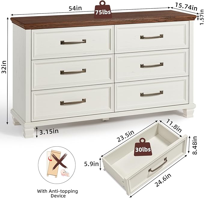 SAVOR LIFE Farmhouse White 6 Drawer Dresser - Image 2