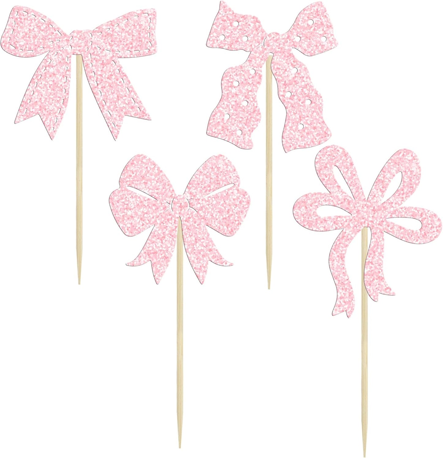 Ephlyn 24Pcs Light Pink Bow Cupcake Toppers - Bowknot Cupcake Decorations for Bridal, Baby Shower, Wedding Themed Party