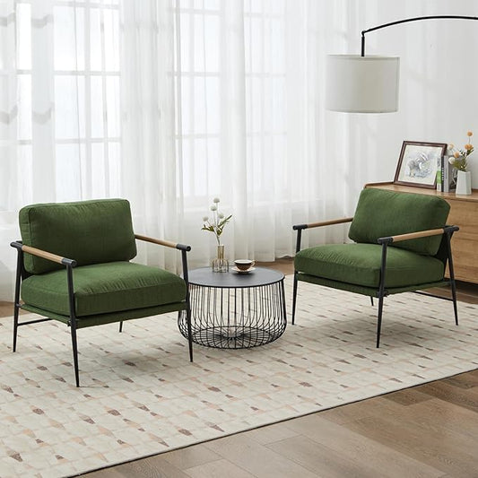 Ya-Home Mid-Century Accent Chair Set of 2, Soft Armchair Linen Fabric Lounge by Ya-Home
