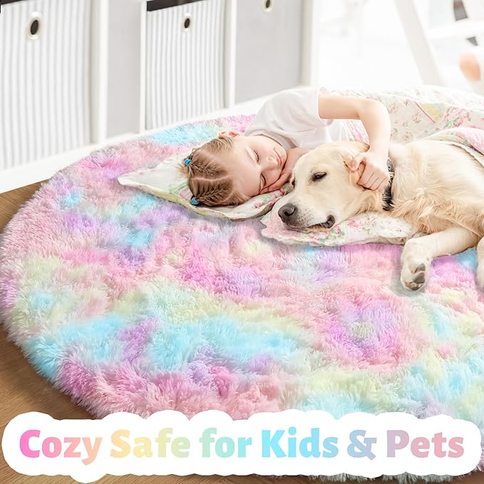 Amdrebio Rainbow Fluffy Round Rug 4Ft Kids Rugs - Image 3