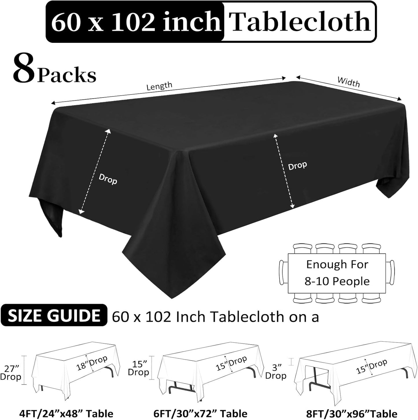 8 Pack Black Tablecloths 60 x 102 Inch Rectangular Table Cloths for Rectangle Tables 6ft, Wrinkle Resistant Black Table Cloth Washable Polyester Fabric for Buffet Wedding Party Banquet