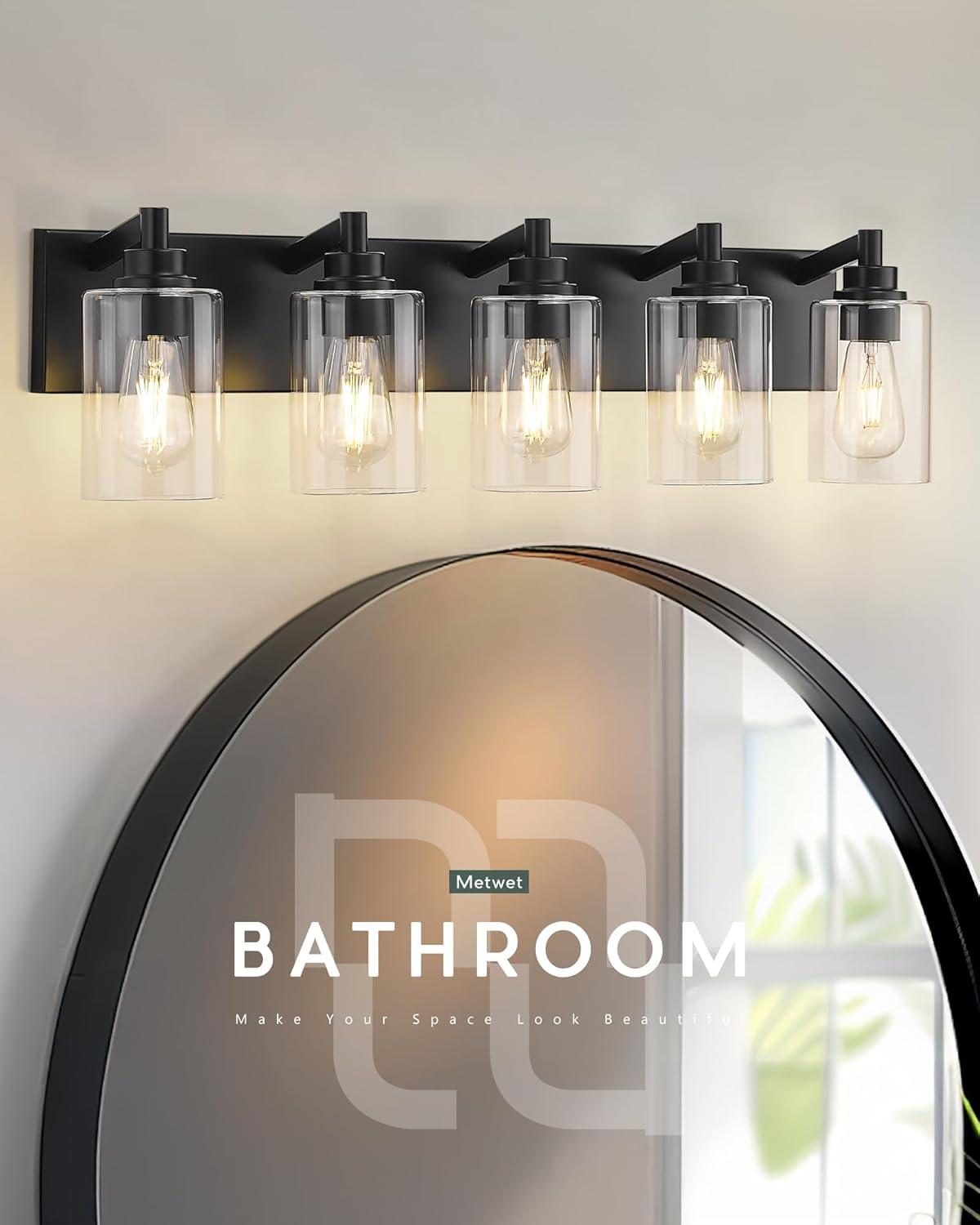 5-Light Bathroom Light Fixtures, 30 Inch Black Vanity Light with Cylinder Clear Glass Shade, Modern Vanity Lighting Fixtures Over Mirror, VL143-MB-5