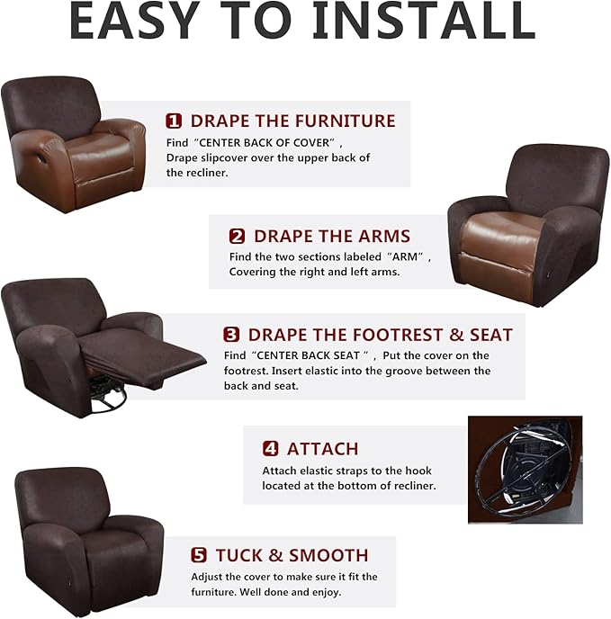 ANARACHON Recliner Chair Covers Leather Like, 4 Pieces Recliner Cover - Image 6