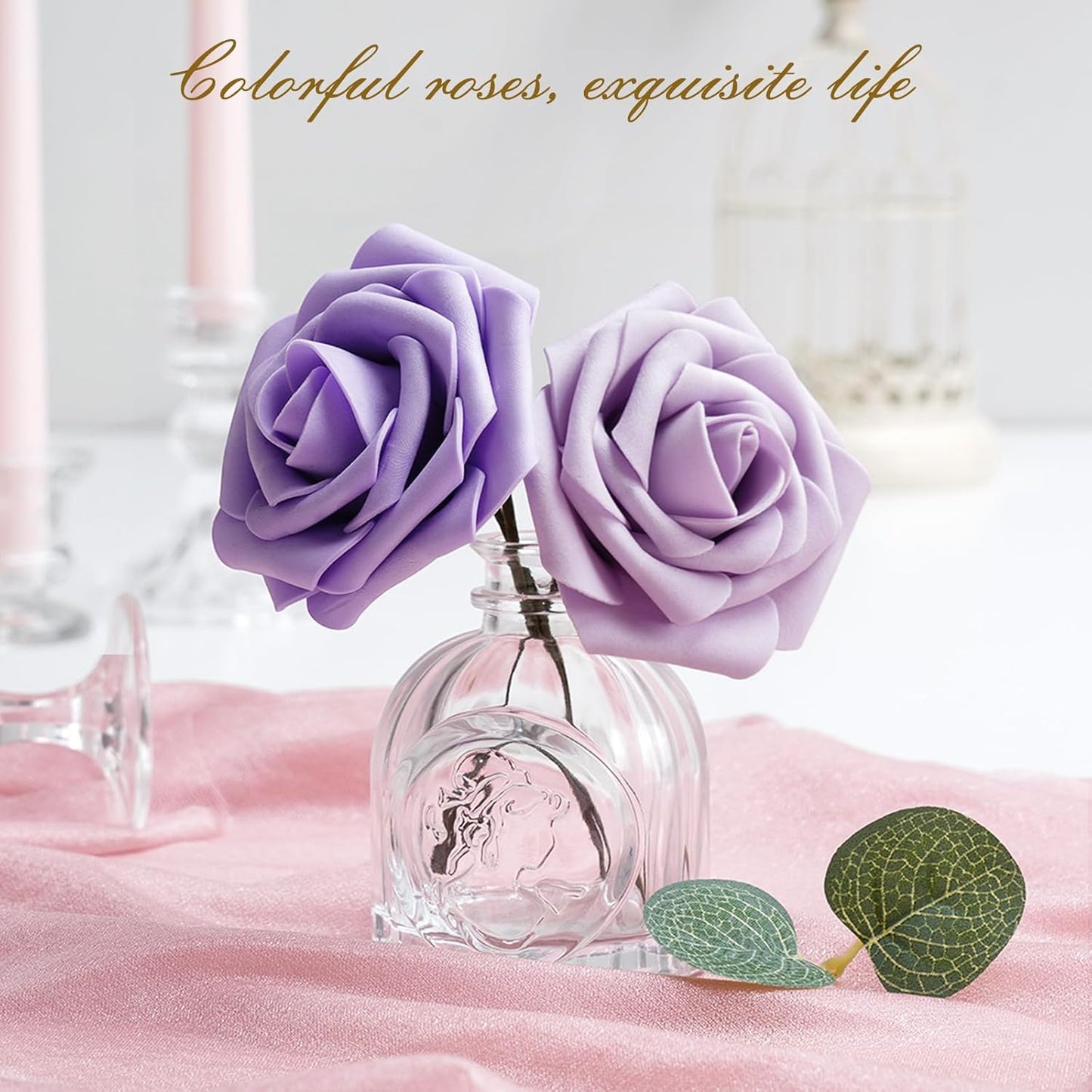 BLEUM CADE 36Pcs Artificial Flowers Fake Roses with Stems, Gradient Purple Boxed Foam Roses for DIY Bouquets Centerpieces Wedding Party Arrangement Bridal Shower Decor