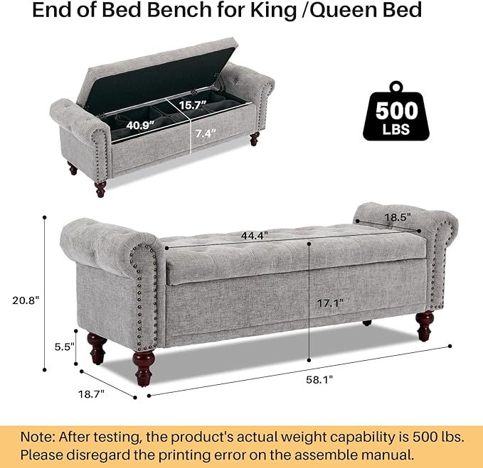 SOFTHION 58.1" Storage Bench Upholstered Chenille End of Bedroom Bed Bench - Image 2