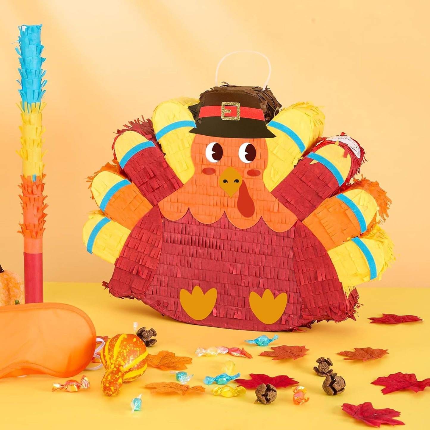 WERNNSAI Thanksgiving Turkey Pinata - Fall Decorations Red Turkey Pinata Thanksgiving Games for Kids Fall Festival Autumn Decor Carnival Party Supply with Blindfold