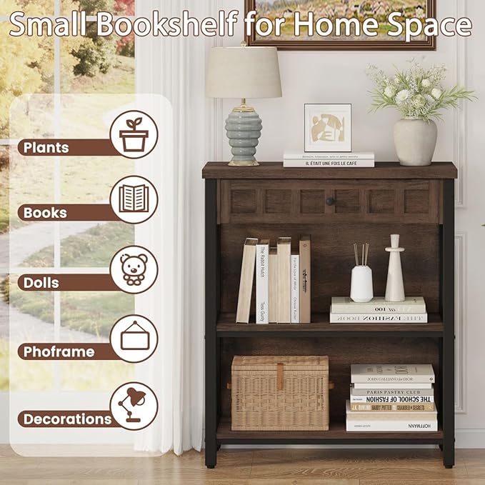 FATORRI Small Bookcase with Drawer, Industrial 3 Shelf Bookshelf, Wood and - Image 3