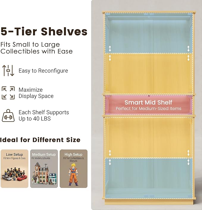Display Cabinet with Glass Doors & LED Lights, 5 Tier Lighted Display Case - Image 4