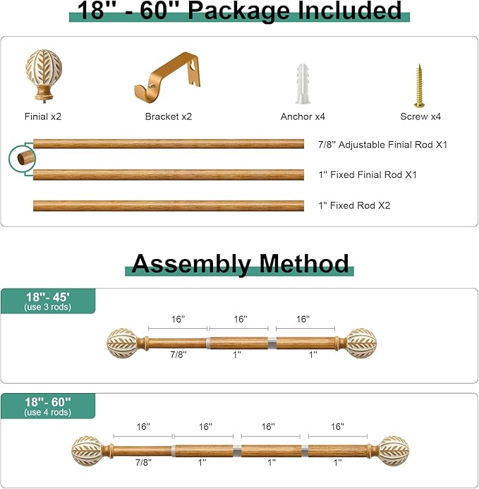 QDWIS Boho Wood Curtain Rods for Windows 28 to 48 inch, Rustic Decorative - Image 8