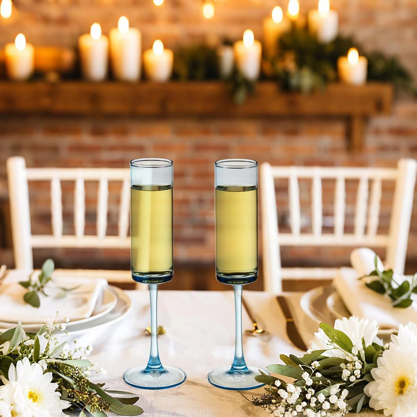 6 Pieces Blue Champagne Flutes 6 OZ Straight Sided Wine Glasses Champagne Long Stem Drinking Colored Glasses,Set of 6 Hand Blown Champagne Flutes Goblets for Wedding Cocktail Cups,Cava, Prosecco