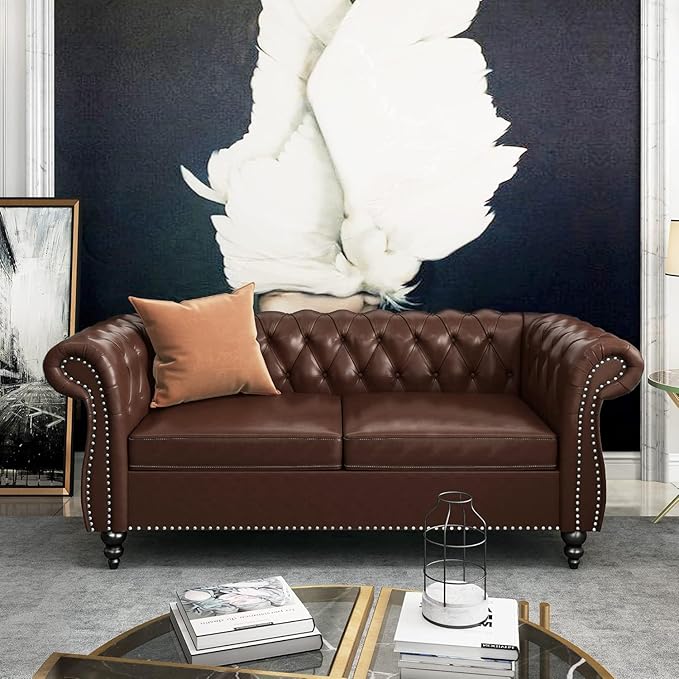 Chesterfield Loveseat Sofa, Modern 2 Seater Couch Leather Small Love Seat Sofa by RUSTYER