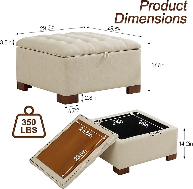 WUTUTUEE 30" Fabric Square Storage Ottoman - Image 2