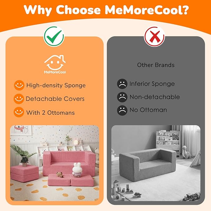 MeMoreCool Pink Corduroy Kids Play Couch, Modular Toddler Couch - Image 7