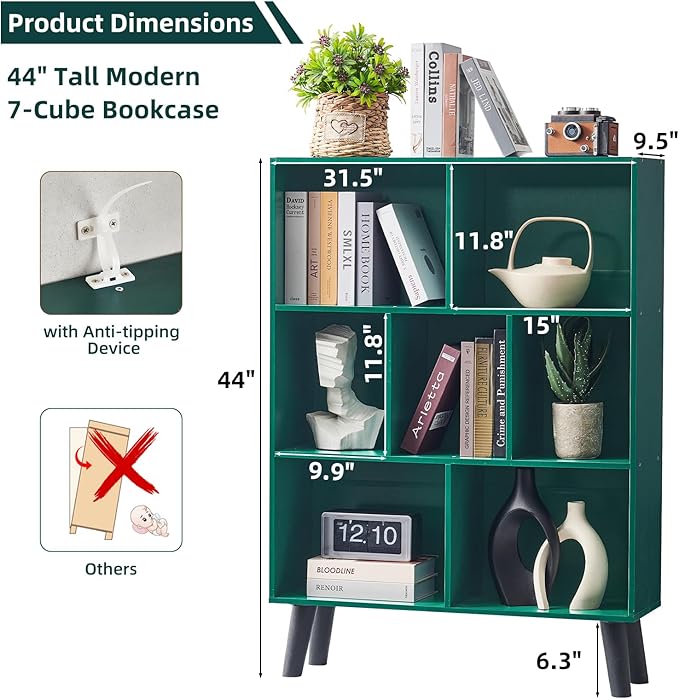 LEYAOYAO Cube Bookshelf 3 Tier Mid-Century Dark Green Modern Bookcase - Image 2