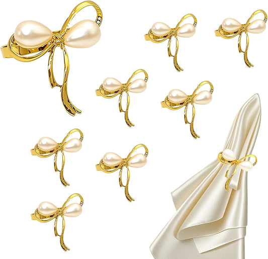 Gold Napkin Rings Set of 8 Pearl Bow Napkin Rings for Napkins,Rustic Napkin Ring Holders, Butterfly Knot Napkin Holders for Cloth Napkins,Christmas Bow Tie Napkin Ring for Dining Table Decor