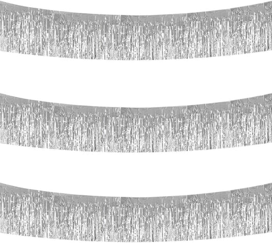 BEISHIDA 3 Packs 30 Feet Metallic Foil Fringe Garland Tinsel Streamers，Shiny Silver Wall Hanging Tinsel Fringe Banners for Wedding Birthday Party Decoration Halloween Christmas New Year