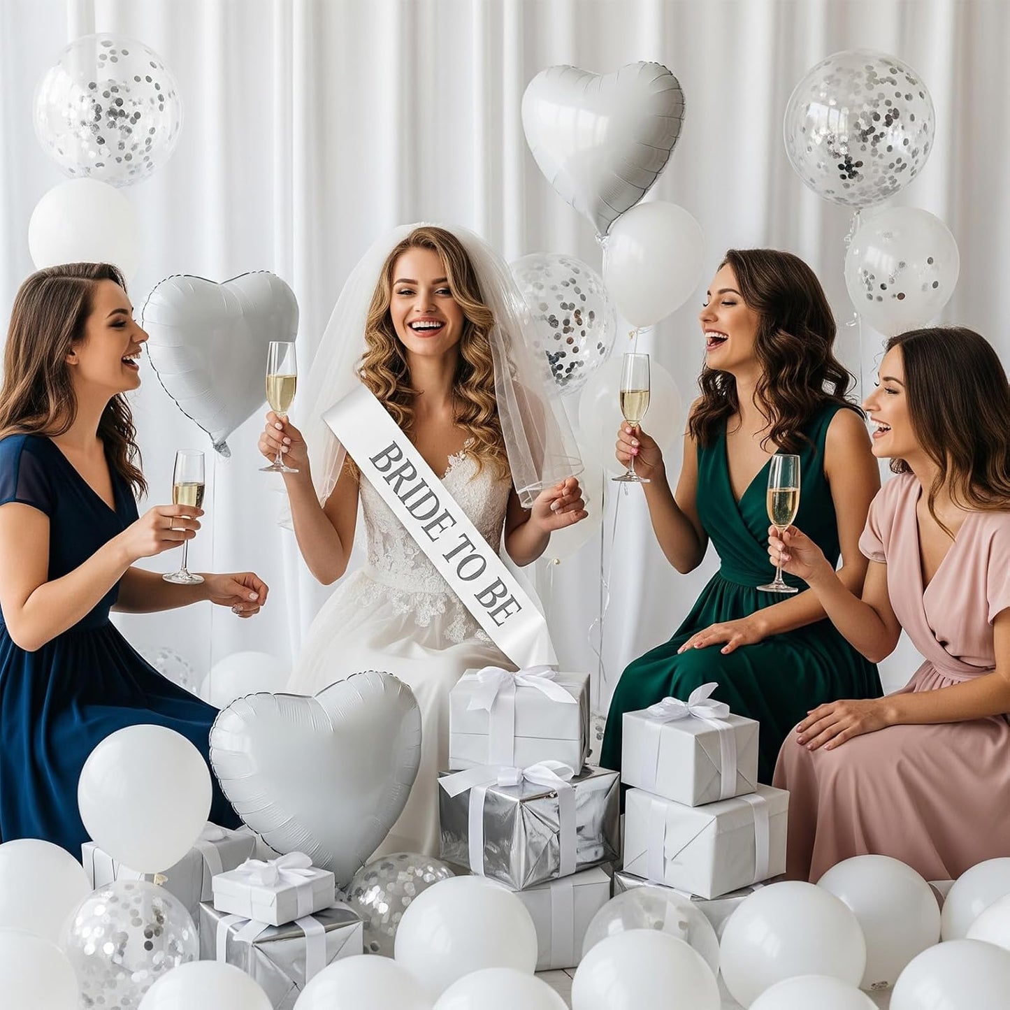 Classic pearl white Bridal Shower party decorations elegan White balloons Bridal Veil BRIDE TO BE Balloons Sash with Diamond Ring Heart Champagne Balloons Bridal Veil for Bachelorette Party Supplies