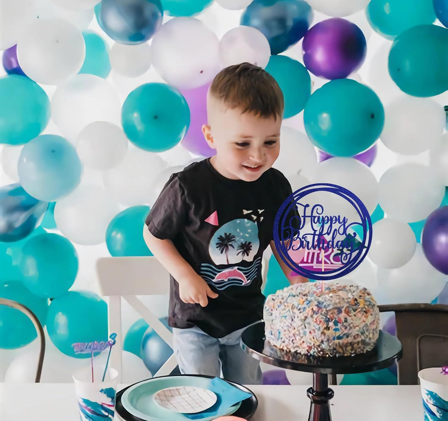 Happy Birthday Cake Topper - Blue Glitter Happy Birthday Cake Decoration Supplies for Children or Adults - Happy Birthday Cake Bunting Decor, Photo Booth Props