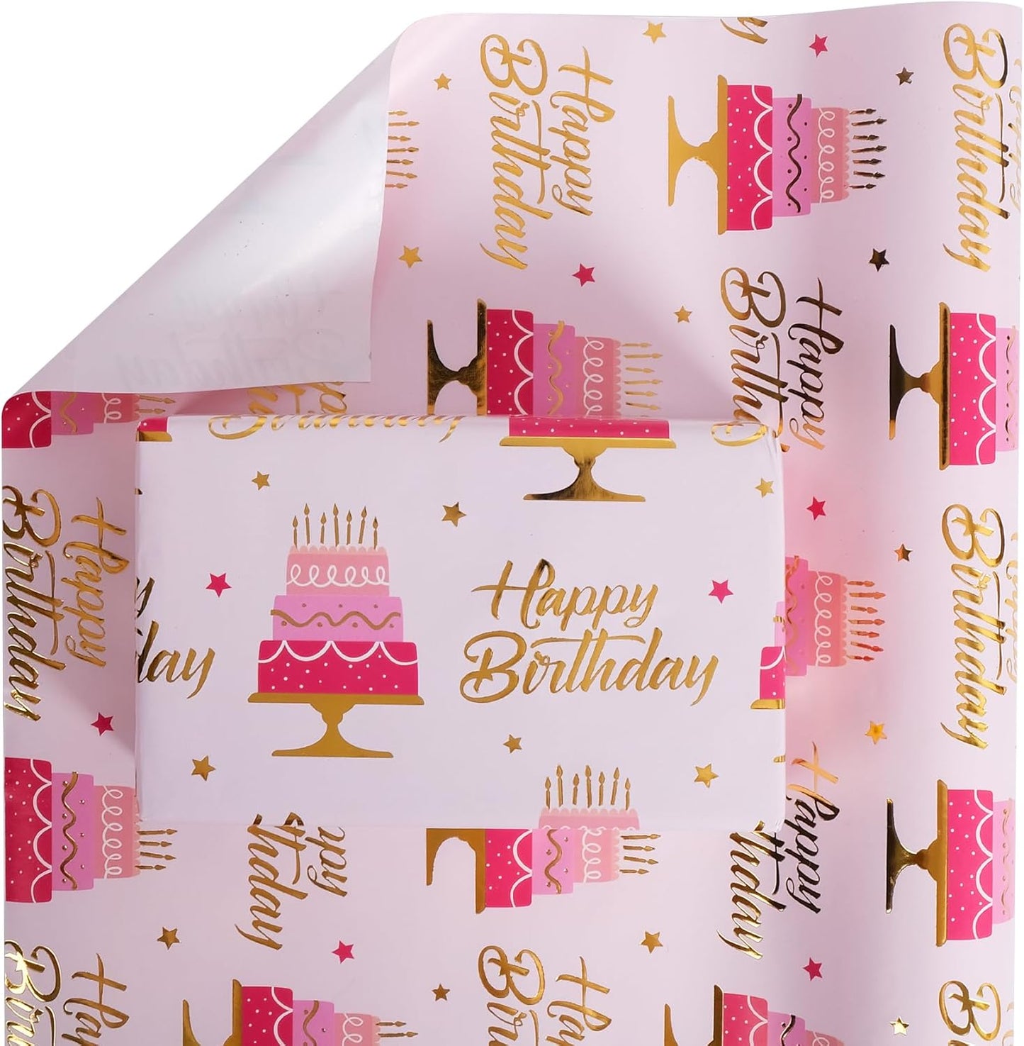 Aimyoo Pink Birthday Wrapping Paper Roll - 17 Inch X 16.4 Feet - Gold Foil Celebration Cake, Happy Birthday Lettering Design Gift Wrap for Kids, Baby Showers