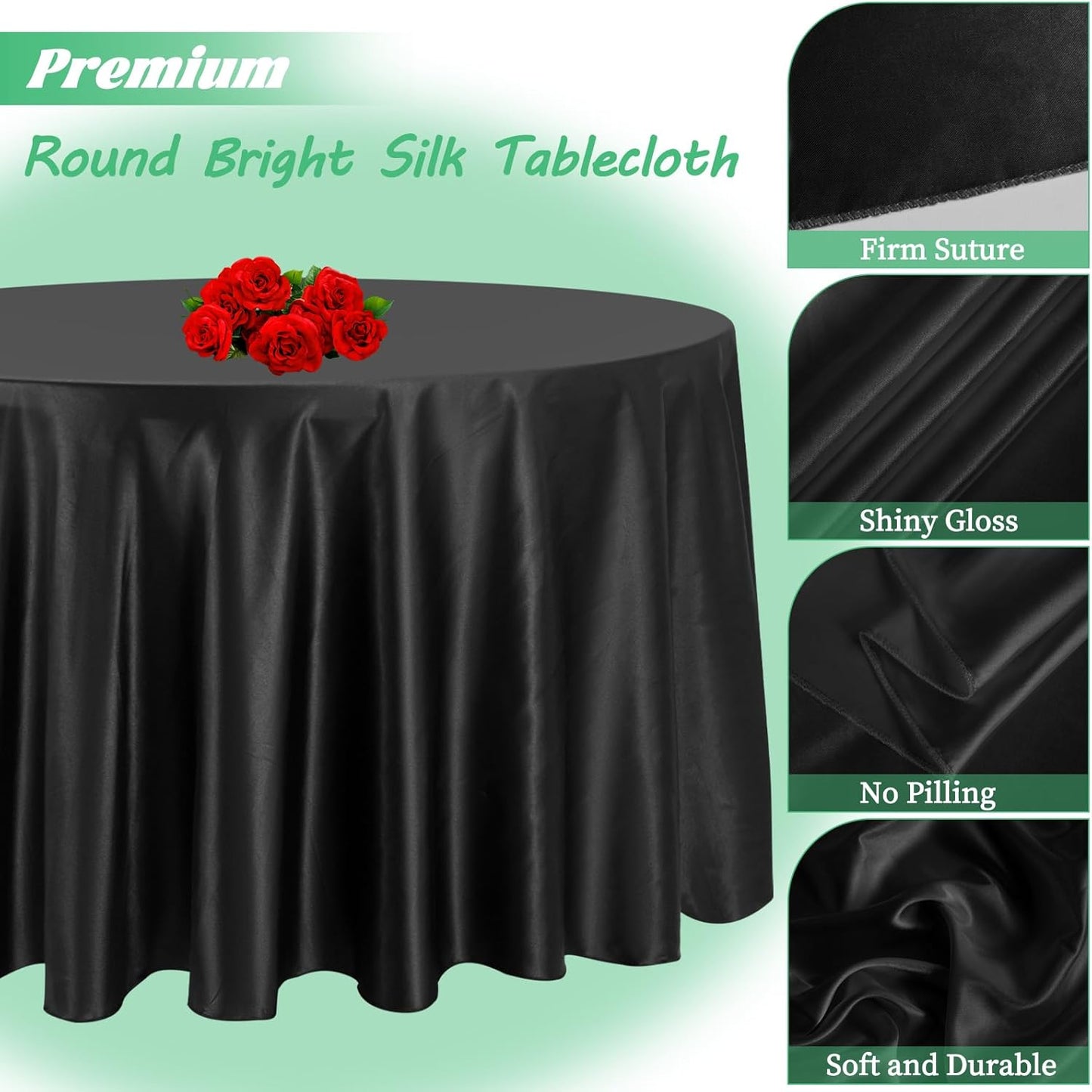 fani 12 Pack 108 Inch Black Satin Tablecloth - Premium Bright Silky Round Tablecloth Overlay Smooth Fabric Table Cover, Table Decoration for Wedding Party Banquet Events Restaurant Kitchen Dining