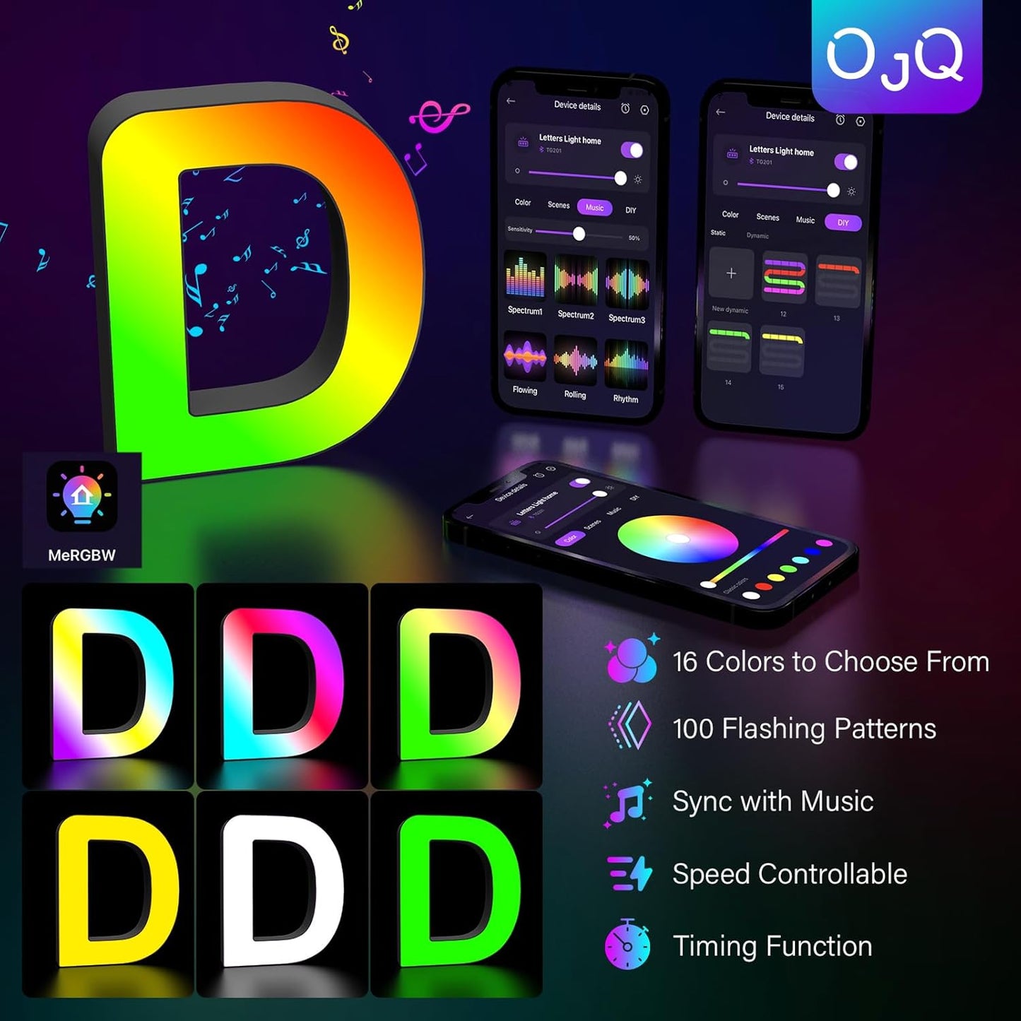 OJQ Light Up Letters LED Letter - Marquee Letters Room Decor Alphabet Letter Music Sync Color Change Colorful - Christmas Birthday Gifts for Girl - Teen Girls Gifts Party Home Wall Decor