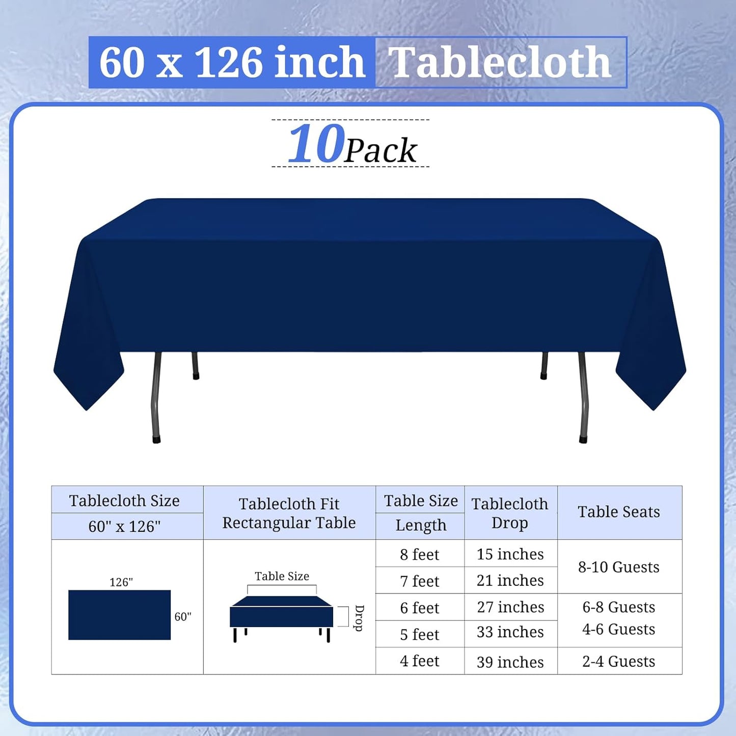 10 Pack Navy Blue Tablecloths for 8ft Rectangle Tables 60 x 126 Inch - Polyester Table Cover Stain and Wrinkle Resistant Washable Fabric Table Clothes for Wedding Party Banquet Reception Restaurant