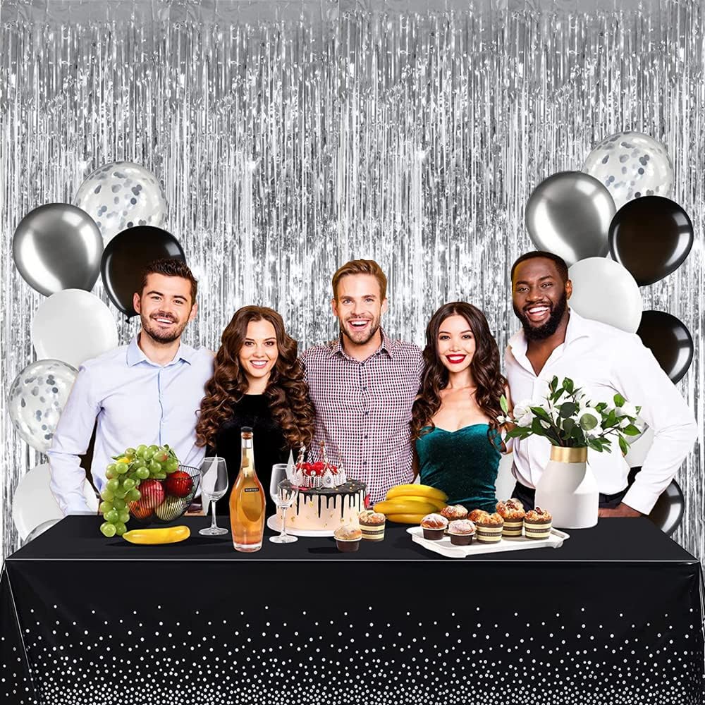 TONIFUL 2Pcs Silver Metallic Tinsel Foil Fringe Curtains,Black Photo Booth Backdrop Streamer Curtain Photo Booth Props for Bachelorette Party,Birthday,Graduation,Christmas Decor(6.6ft x 9.9ft)
