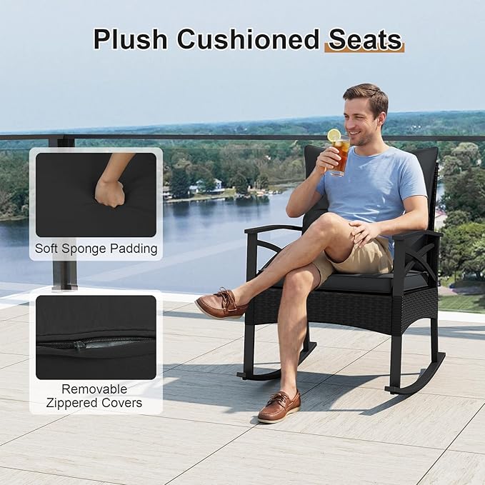 Tangkula 3 Pieces Outdoor Rocking Chairs Set, Rattan Heavy Duty Cushioned - Image 5