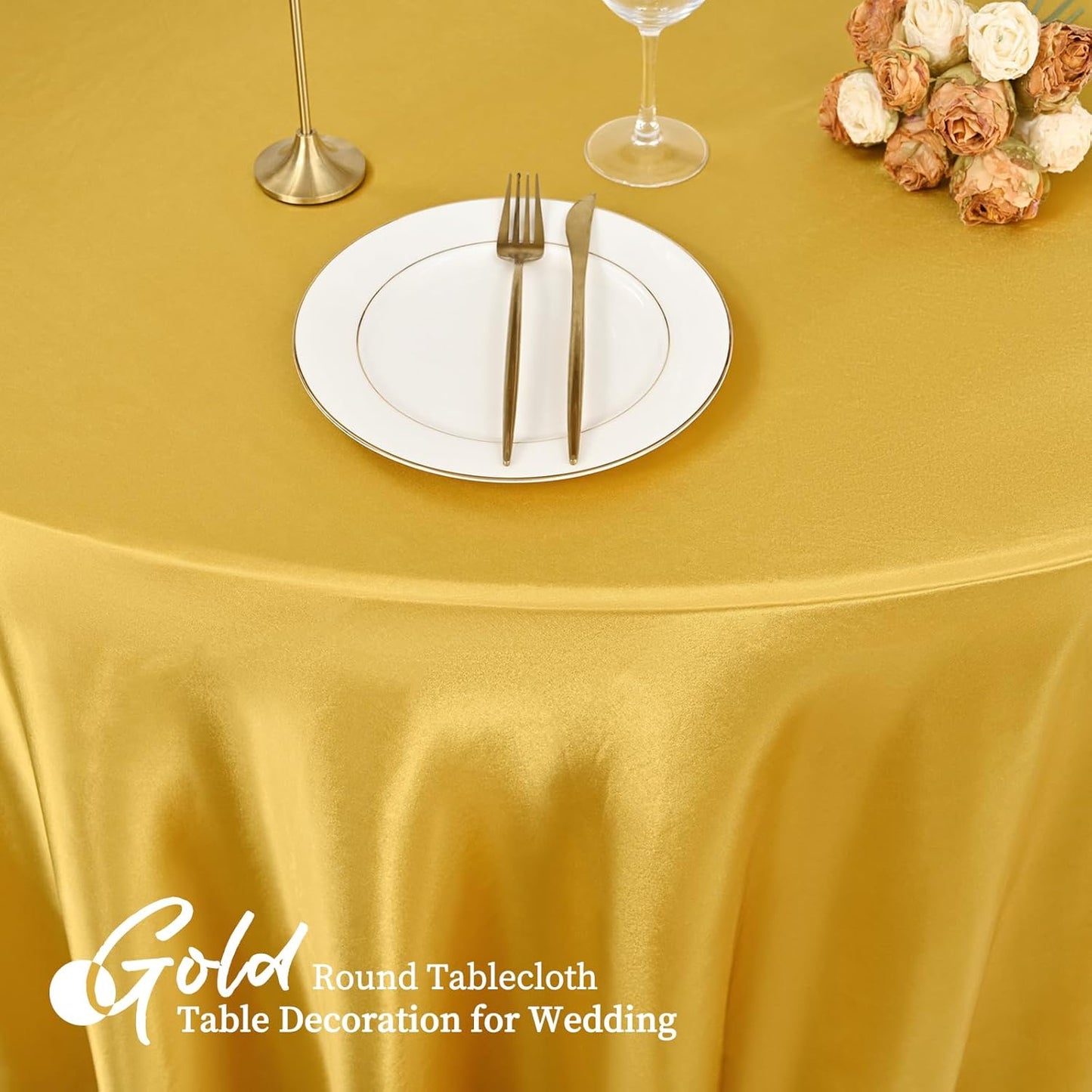 12 Pack 108 Inch Gold Satin Tablecloth - Silky Round Tablecloth Overlay Smooth Fabric Table Cover, Bright Table Decoration for Wedding Party Banquet Events Restaurant Kitchen Dining