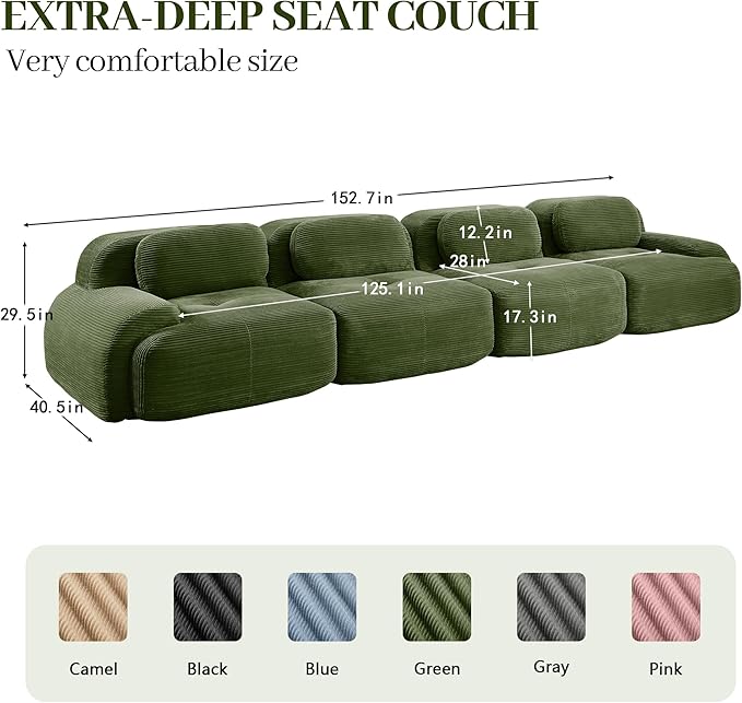 Boneless Sectional Couch, No Assembly Required, 152.7” Modular Cloud Sofa - Image 3