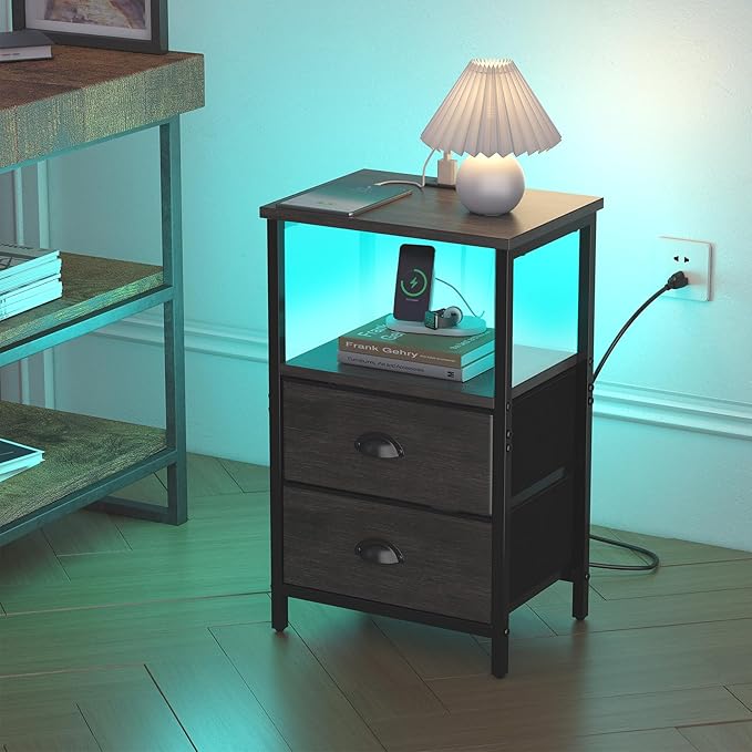 sthmec Nightstand with Charging Station, LED Night Stand with 2 Fabric Drawers - Image 4