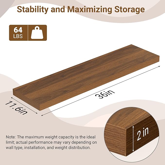 36 Inch Floating Shelves, 12 Inch Deep Floating Shelves - Image 3