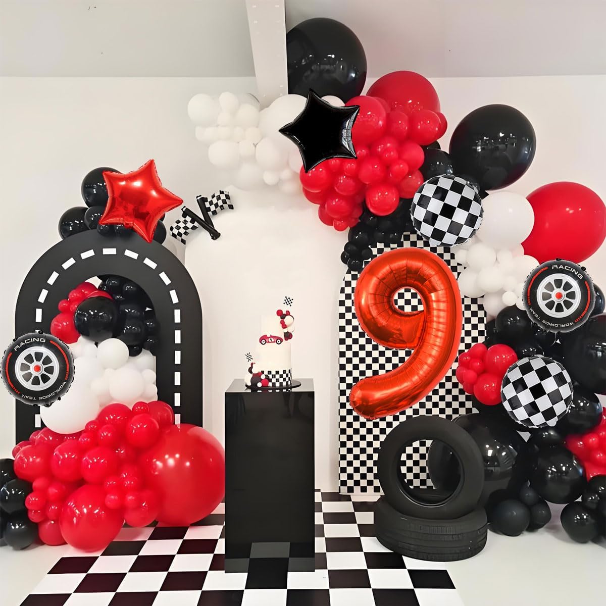 Race Car Birthday Party Decorations - 40 Inch Mylar Red Number 9 Balloons - Black Foil Checkered Race Car Balloons for 9st Birthday Race Cars Themed Party Decorations