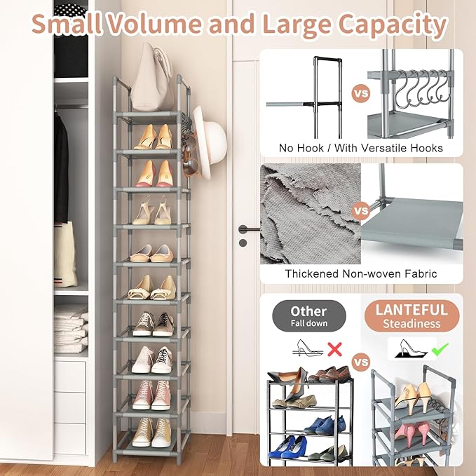 LANTEFUL Narrow Shoe Rack 10-Tier Tall Shoe Organizer Skinny Shoe Shelf Storage - Image 6