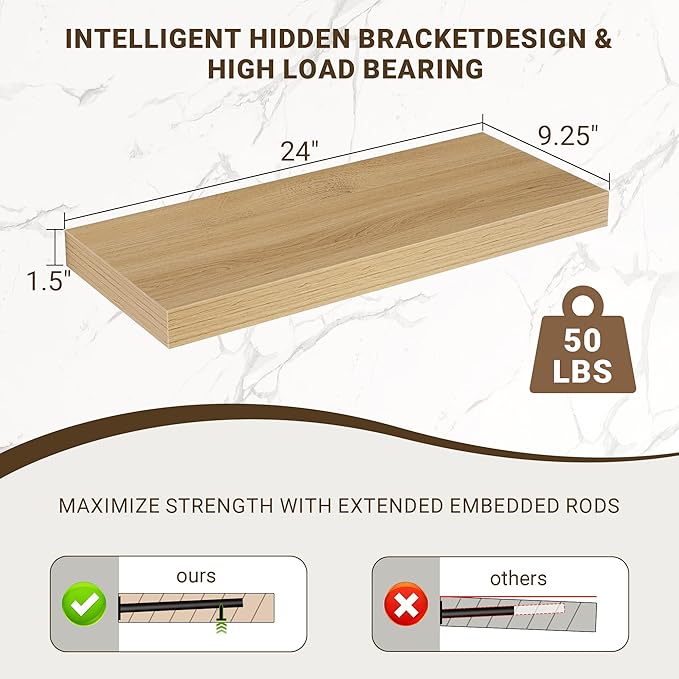 Acovy 24 Inch Floating Shelves, 3D Textured Wood Grain, Wooden Shelves - Image 3